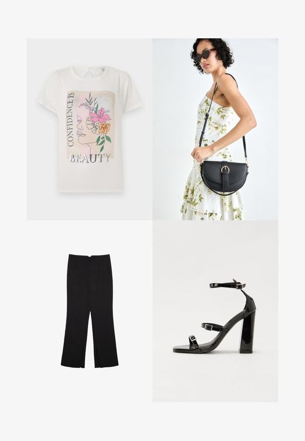 White t-shirt featuring a graphic design of a face adorned with flowers and the text "CONFIDENCE IS BEAUTY." Short sleeves, round neckline.; Black trousers with a straight fit, featuring front pockets and side slits at the hem. Made of soft, smooth fabric. Suitable for various occasions.; Black patent heeled sandals with a square toe, ankle straps, and silver buckles. Features a chunky block heel for stability.; Black leather handbag with a curved shape, detachable strap, and gold hardware. The bag features a flap with a buckle detail.