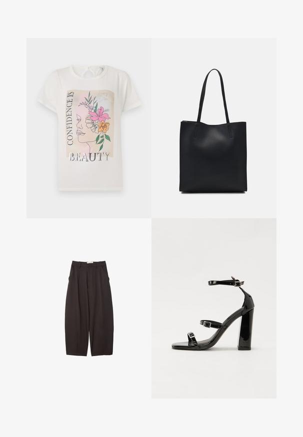 Weißes T-Shirt mit einem grafischen Design eines Gesichts, das mit Blumen geschmückt ist, und dem Text "SELBSTVERTRAUEN IST SCHÖNHEIT." Kurze Ärmel, runder Halsausschnitt.; Schwarze weit geschnittene Hosen aus einem glatten Stoff, mit hoher Taille, Frontfalten und Seitentaschen. Schlichtes Design ohne Verzierungen.; Schwarze patentierte Sandalen mit Absatz, quadratischer Spitze, Knöchelriemen und silbernen Schnallen. Mit einem stabilen Blockabsatz für mehr Stabilität.; Schwarze Laptoptasche aus Leder mit glatter Textur, rechteckiger Form und zwei langen Griffen. Keine sichtbaren Beschläge oder Verzierungen.