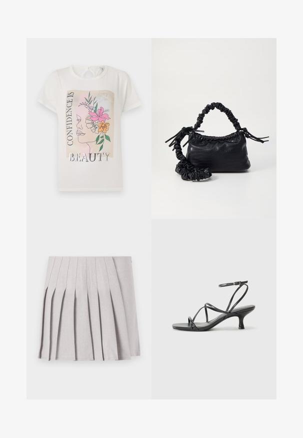 White t-shirt featuring a graphic design of a face adorned with flowers and the text "CONFIDENCE IS BEAUTY." Short sleeves, round neckline.; Gray pleated skirt with a smooth texture, featuring multiple vertical folds and a fitted waistline. Made from lightweight fabric.; Black heeled sandals with thin straps, open toe design, and a small, flared heel. The material appears smooth and glossy.; Black faux leather handbag with a crocodile texture, cinched top, and a scrunched strap. Appears soft and compact in design.