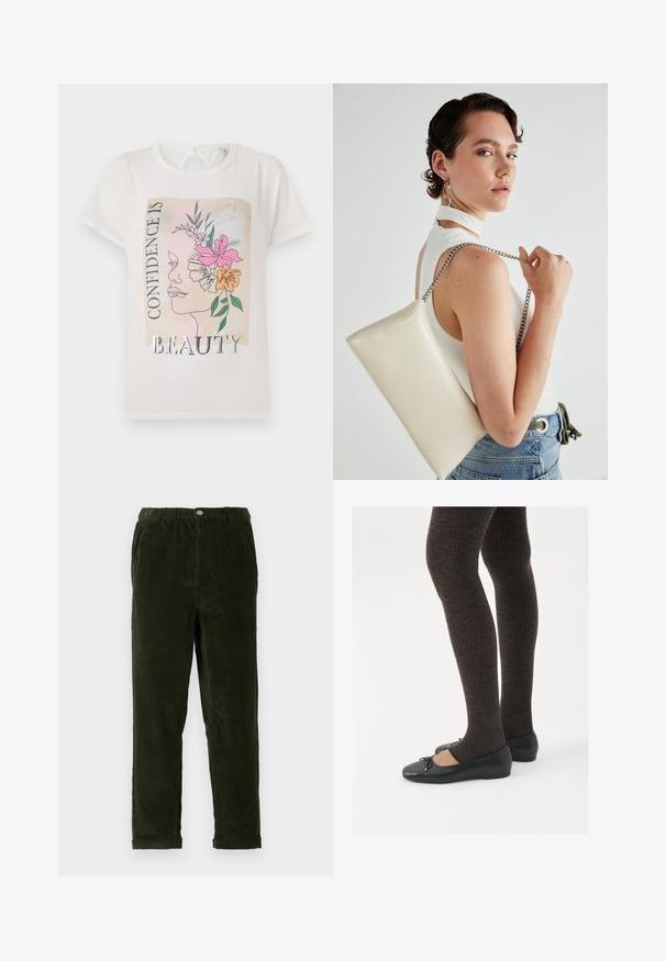 T-shirt blanc avec un design graphique représentant un visage orné de fleurs et le texte "LA CONFIANCE EST LA BEAUTÉ". Manches courtes, col rond.; Pantalons en velours côtelé vert foncé avec une finition texturée, dotés d'une taille élastique, de poches avant et de jambes fuselées.; Chaussures plates noires avec un petit nœud au niveau des orteils, associées à des collants côtelés marron foncé. Les chaussures ont une texture lisse et un profil bas.; Pochette rectangulaire blanche en matériau brillant, avec une bandoulière en chaîne argentée. Le modèle pose en mettant en valeur le sac contre un fond uni.