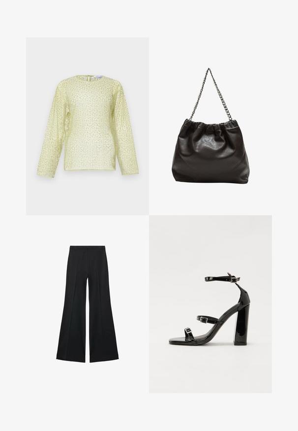 Bluzka z długim rękawem w jasnym odcieniu żółtego, z teksturowanym, cekinowym wykończeniem. Posiada okrągły dekolt i ukryty zamek z tyłu. Gładki materiał.; Czarne spodnie o szerokich nogawkach z gładką teksturą, z przodu ozdobione zakładkami i skrojonym fasonem. Materiał jest lekki i zwiewny.; Czarne lakierowane sandały na obcasie z kwadratowym noskiem, z paskami wokół kostki i srebrnymi klamrami. Posiadają masywny słupek dla stabilności.; Brązowa skórzana torba z marszczonym szczytem i łańcuszkowym paskiem. Gładka tekstura z błyszczącym wykończeniem i subtelnymi detalami szwów po bokach.