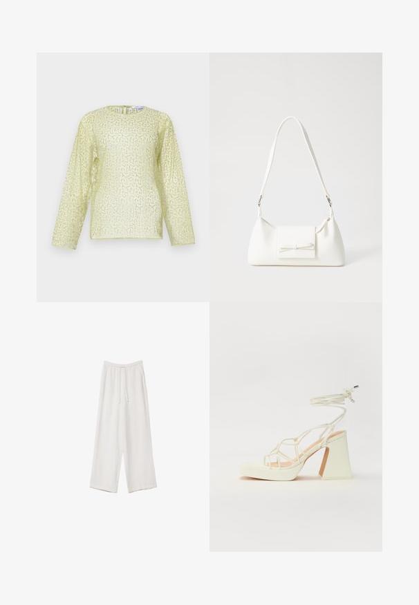 Langærmet bluse i lys gul med en struktureret, perlebroderet finish. Har rund hals og en skjult lynlås bagpå. Glat materiale.; Hvide bukser med bred benlængde lavet af et letvægtsstof. Har et elastisk talje med snor og sidelommer. Glat tekstur.; Hvide højhælede sandaler med en kraftig hæl, der har et stropdesign og ankelbinding. Glat tekstur med en platform foran for ekstra højde.; Hvid syntetisk håndtaske med en trekantet form, flad forsideklap og sløjfedetalje, justerbar strop, glat tekstur og minimalistisk design.
