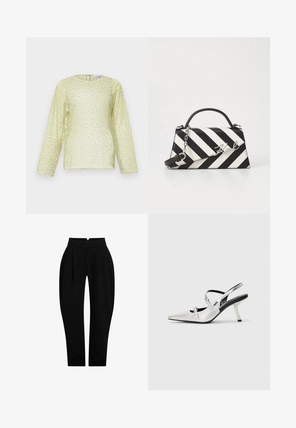 Long-sleeve blouse in light yellow with a textured, sequined finish. Features a crew neck and a concealed back zipper. Smooth material.; Black tailored pants with a high waistband, featuring front pleats, a smooth texture, and tapered legs for a fitted silhouette.; Silver slingback heels with a pointed toe, featuring a smooth metallic finish, a slender heel, and decorative strap details.; Black and white striped handbag with a structured shape, featuring a top handle, a detachable chain strap, and metallic logo accent.