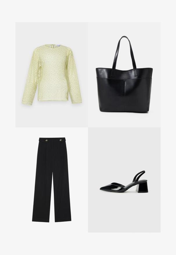 Bluză cu mâneci lungi de culoare galben deschis, cu un finisaj texturat și paiete. Are guler rotund și un fermoar ascuns la spate. Material neted.; Pantaloni negri cu picioare largi, talie înaltă, detalii cu butoane pe talie și pliseuri în față.; Pantofi cu toc slingback din piele lacuită neagră, cu vârf ascuțit și toc geometric. Prezintă un design elegant, minimalist și o textură netedă.; Geantă oversized din piele neagră, cu două mânere lungi, de textură netedă și formă structurată. Are un buzunar frontal pentru stocare suplimentară.