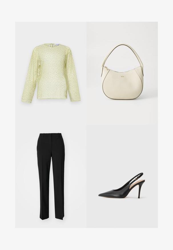 Ilgų rankovių bluzonas šviesiai geltonos spalvos su tekstūruotu, blizgučių apdaila. Turi apvalų kaklą ir paslėptą užtrauktuką nugaroje. Lygus audinys.; Juodi pritaikyti kelnių modeliai su tiesiomis kojomis, pasižyminčios lygiomis tekstūromis ir ryškiomis klostėmis priekyje. Nėra matomų detalių.; Juoda odinė slingback aukštakulnė batai su smailiu pirštu, glotnia tekstūra ir delikatia juosta su metaline sagtimi.; Grietos spalvos rankinė su tekstūruotu paviršiumi, kreivos formos, trumpa rankena ir auksinės spalvos logotipo detalė. Užtrauktuko uždarymas viršuje.
