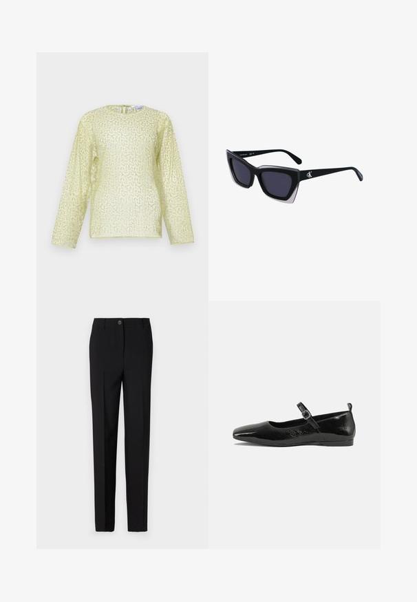 Dlhý rukáv blúzky v svetložltej farbe s textúrovaným, flitrovým povrchom. Obsahuje okrúhly výstrih a skrytý zips na zadnej strane. Hladký materiál.; Čierne priliehavé nohavice so strihom rovného nohavicu, ktoré majú zapínanie na gombík a pútka na opasok, vyrobené z hladkej látky.; Čierne lakované baleríny s špicatou špičkou, remienkom na členku so sponou a hladkým, lesklým povrchom. Nízky podpätok pre pohodlie.; Čierne oversized slnečné okuliare s geometrickým tvarom, s tmavými šošovkami a kontrastným šedým detailom na ráme. Logo na mostíku.; Strieborné kovové náušnice s hladkým tvarom kvapky a lesklým povrchom. Jemné rytiny pridávajú detail. Minimalistický dizajn.
