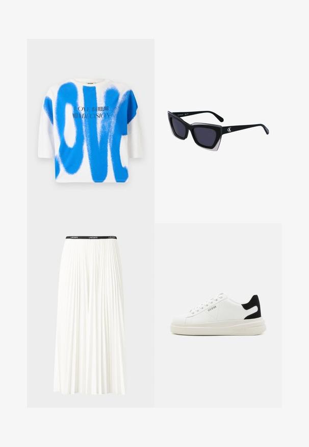 Hvit bomull t-skjorte med blå spraymaling-stil "KJÆRLIGHET" tekst. Korte ermer, avslappet passform, rund hals, med grafisk design og moderne typografi.; Plissert hvit skjørt med en svart elastisk midje som har "LACOSTE"-logoen. Midjelengde design med myk tekstur.; Hvite lær sneakers med tykk hvit såle, svart semsket hælforsterkning og preget logo på siden. Snøresystem med seks hull.; Store svarte solbriller i overdimensjonert størrelse med geometrisk form, med mørke linser og en kontrasterende grå detalj på rammen. Logo på armen.