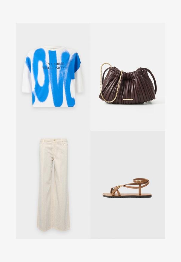 Tricou din bumbac alb cu text "LOVE" stil spray de culoare albastră. Mâneci scurte, croi lejer, gât rotund, cu un design grafic și tipografie modernă.; Pantaloni largi bej cu o textură netedă, decorati cu paiete metalice argintii dispuse într-un model pe partea din față și pe spate.; Sandal din piele maro cu un design subțire cu curele, având o cataramă cu ton de aur și o talpă neagră plată cu margine în zigzag.; Geantă de piele plisată în nuanță burgundă, cu mânere din lanț aurie și un mic accent rectangular din metal. Textură moale, formă rotundă și design elegant.