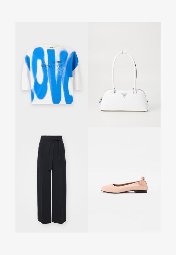 Valkoinen puuvillainen t-paita, jossa on sinisellä spraymaalilla kirjoitettu "LOVE"-teksti. Lyhyet hihat, rento malli, pyöreä kaula-aukko, jossa on graafinen suunnittelu ja moderni typografia.; Leveled black trousers made of soft fabric. Features a belted waistband and front pleats. Smooth texture with a clean, contemporary design.; Vaaleanpunaiset balettitossut, jotka on valmistettu sileästä materiaalista, pyöristetyllä kärjellä, joustavalla takana ja pienellä mustalla korolla.; Valkoinen nahkalaukku, jossa on kaareva muoto, hopeinen kolmion muotoinen logo ja vetoketjukiinnitys. Liukas pinta ja kaksinkertaiset kahvat.