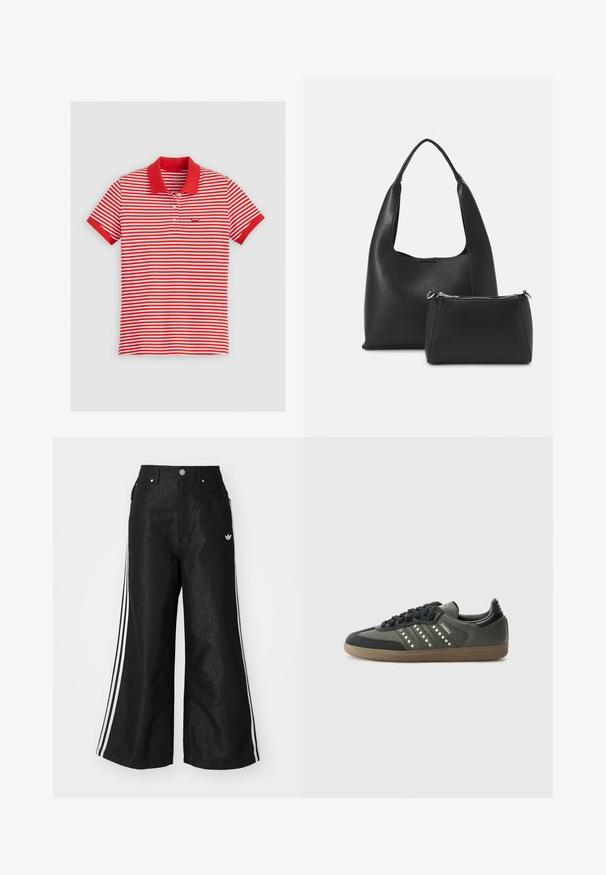 Punane ja valge triibuline polo särk, millel on ühtlane punane krae ja mansetid. Omab kolme nupuga klappi ja väikest logo rinnal.; Mustad mustadeline denimipüksid, millel on kummalgi küljel kolm valget triipu ja väike valge logo. Omab esikotte ja nööbiga kinnihoidmist.; adidas Originals SAMBA OG - Tossud - core black/legend earth/gum; Even&Odd Käekott - black