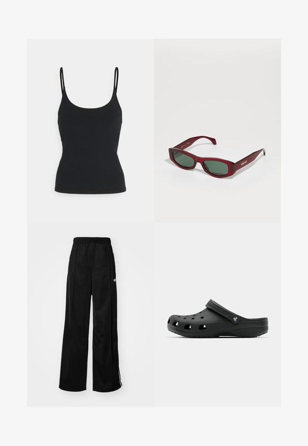 Crni top bez rukava s tankim naramenicama, izrađen od meke, rastezljive tkanine, s uskim siluetom i zaobljenim izrezom.; Crne široke trenirke s elastičnom gumom u struku, s bijelim bočnim trakama i malim logotipom na lijevom kuku. Glatka tekstura materijala.; Crne plastične klompe s ventilacijskim otvorima, remenom za potpeticu, teksturiranom potplatom i logotipom. Lagana izrada idealna za svakodnevno nošenje.; Pravougaone sunčane naočale s tamnocrvenim prozirnim okvirom, tamnozelenim lećama i zlatnim "VERSACE" brandom na sljepoočnici.; Bež torba za nošenje s natpisom "SAMSOE" ispisanim dvaput, smeđi papuče s bijelim krznom, bijele čarape i smeđi kaput od ovčje kože na drvenoj površini.