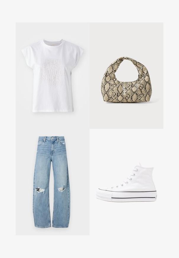 Hvit bomull T-skjorte med kort erm, med preget tekst "PEPE JEANS LONDON SINCE 1973" i små, glitrende nagler over fronten.; Lyseblå høytlivsjeans laget av denim. Har vide bein, to revne knær og klassisk fem-lommers design.; Hvit høy-skinn kanvas sneakers med svart gummisåle, gummitåhette foran og seks hull for snorer, med et rent, minimalistisk design.; Veske med slangeskinnmønster og krummet håndtak. Laget av teksturerte, beige og brune materialer, med et særegent diamantmønster.
