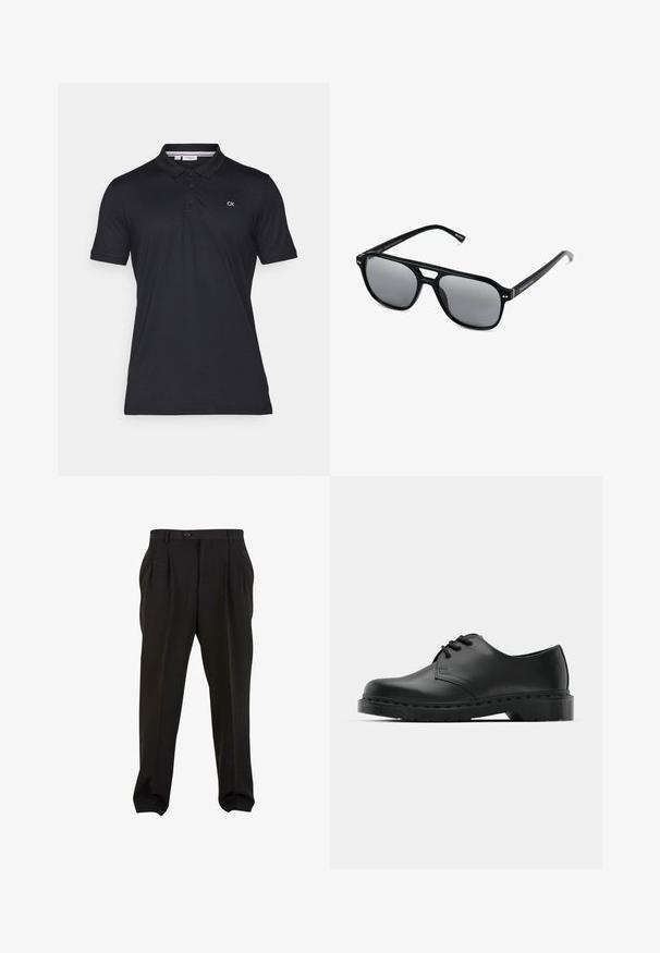 Černé bavlněné polo tričko s dvoubarevným zapínáním a krátkými rukávy. Na levé straně hrudi je vyšívané logo "CK".; Černé kalhoty z hladké tkaniny, se zapínáním na tlačítko v pase, předními sklady a zúženými manžetami u kotníků. Klasický elegantní střih.; Černé kožené oxfordy s šněrováním, zakulacenou špičkou, plochou gumovou podrážkou a jemným prošíváním podél svršku.; Černé sluneční brýle s obdélníkovými rámy, šedými tónovanými skly a designem s výřezem ve střední části. Hladký, lesklý plastový materiál, s úzkými stranami.