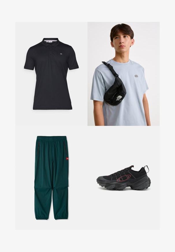 Čierna bavlnená polo košeľa s dvojitým gombíkom a krátkym rukávom. Obsahuje vyšívané logo "CK" na ľavej strane hrude.; Vonkajšie nohavice v tmavo tyrkysovej farbe, s elastickým pásom, dvoma zipsovými vreckami na strane a elastickými manžetami na členkoch. Ľahký materiál.; Čierne športové topánky s textúrovaným sieťovým zvrškom, kontrastnými červenými akcentmi a hrubou gumovou podrážkou s okrúhlymi gripmi.; Čierna nylonová crossbody taška s nastaviteľným popruhom, so zaslúženým bielym logom. Nosená cez svetlomodré tričko. Jednoduchý, funkčný dizajn.