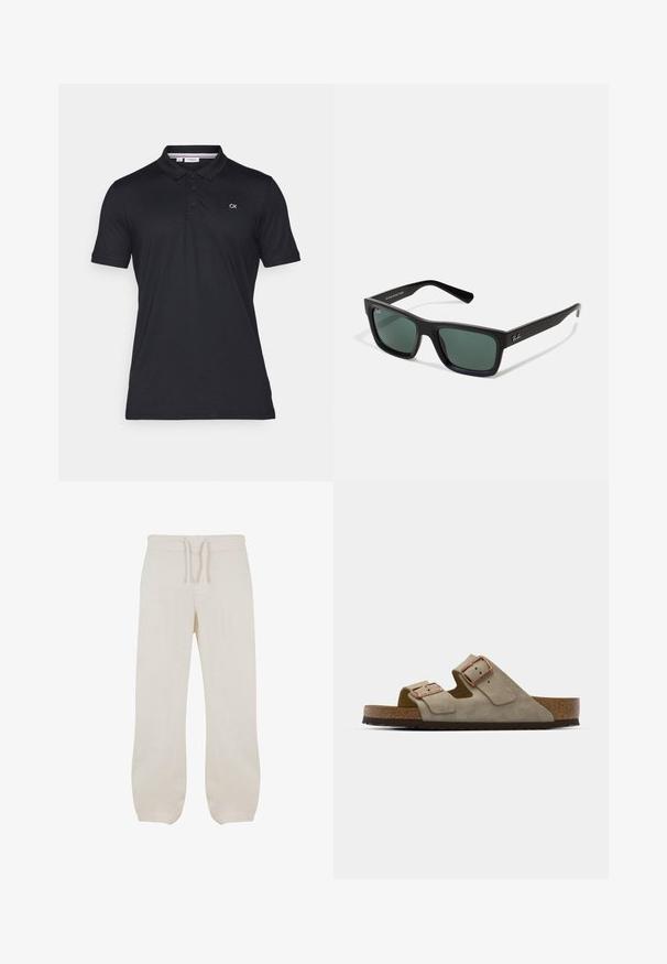 Fekete pamut pólóing, két gombos nyakkal és rövid ujjakkal. Bal mellkasán a "CK" logó hímzett.; Világos bézs len nadrág, részben gumis derekkal és zsinórral. Egyenes szárú dizájn, sima textúrával és enyhe szűküléssel a bokák felé.; Beige velúr szandálok két állítható pánttal, réz színű fém díszekkel és parafa talppal a kényelem érdekében, texturált talpbetéten.; Fekete téglalap alakú napszemüveg zöld lencsékkel, matt felülettel, egyenes szárakkal, és a Ray-Ban logóval az oldalon.