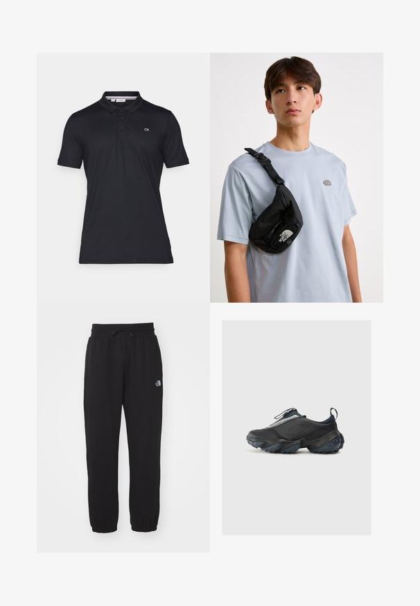 Camisa polo preta de algodão com uma pala de dois botões e mangas curtas. Apresenta o logo "CK" bordado no lado esquerdo do peito.; Calças de moletom pretas feitas de tecido macio, com um cós elástico com cordão, tornozelos com punho e um pequeno logótipo na parte superior da coxa.; Sab Sneakers pretos com um design elegante, apresentando um material superior texturizado, detalhes em cinza e uma sola robusta com pontos de tração azuis.; Saco crossbody preto em nylon com alça ajustável, apresentando um logotipo branco em destaque. Usado sobre uma t-shirt azul clara. Design simples e funcional.