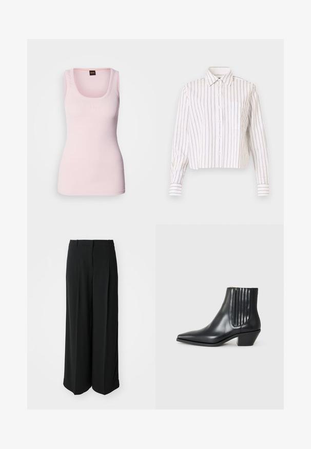 Top de tirantes de canalé rosa claro con escote redondeado, que presenta un sutil logo en el pecho y tirantes anchos. Textura suave.; Camisa de botones a rayas en blanco con finas rayas marrones. Cuenta con un cuello puntiagudo, mangas largas y un bolsillo en el pecho. Longitud corta.; Pantalones negros de pierna ancha, hechos de una tela suave, con una cintura alta y pliegues frontales para un ajuste a medida.; Bota de cuero negra de tobillo con punta afilada, paneles laterales elásticos con ranuras verticales y un tacón bajo y cuadrado. Textura suave y diseño elegante.