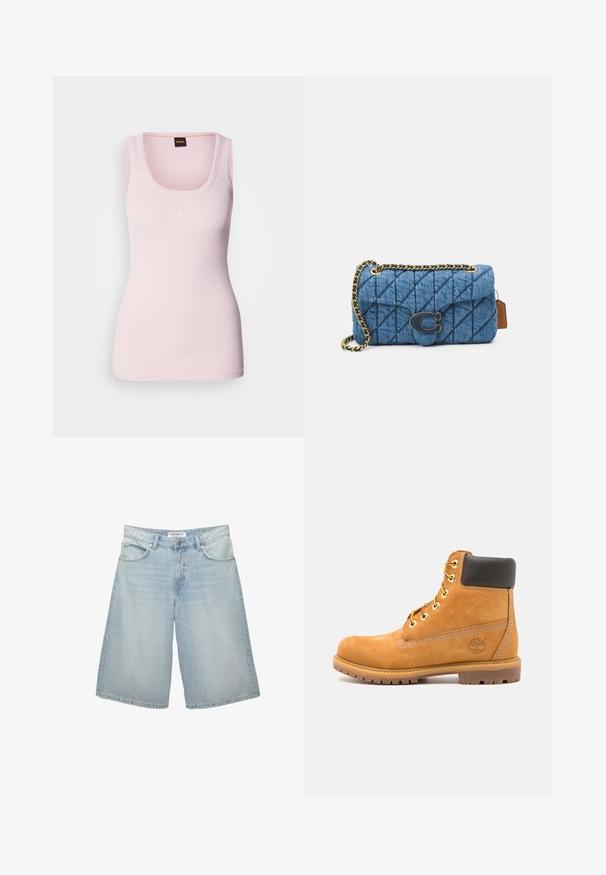 Svetloružový rebrovaný top bez rukávov s okrúhlym výstrihom, zdobený subtílnym logom na hrudi a širokými ramienkami. Hladká textúra.; Svetlomodré džínsy šortky s širokým strihom, ponúkajúce päť vreciek, páskové slučky a zips. Hladká textúra s jemným zosvetlením.; Hnedé kožené členkové topánky s čiernym polstrovaním, zlatými očkami a štruktúrovanou podrážkou. Obsahujú kruhové logo na boku a akcenty v podobe šitia.; Modrá prešívaná denníková taška na rameno so zlatým reťazovým popruhom a výrazným zlatým logom na prednej strane. Kompaktný obdĺžnikový tvar.
