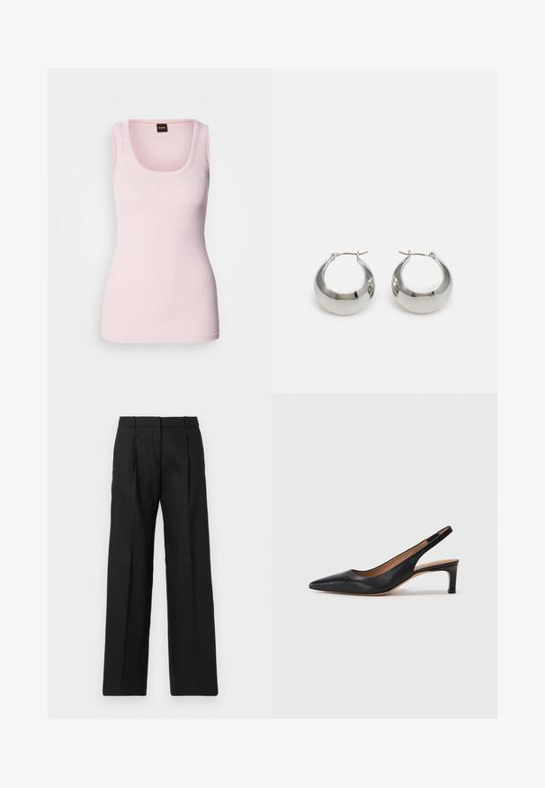 Light pink ribbed tank top with a scoop neckline, featuring a subtle logo at the chest and wide shoulder straps. Smooth texture.; Black tailored trousers with a straight-leg design, featuring sharp pleats and a smooth texture. Crafted from a lightweight fabric.; Black leather slingback pump with a pointed toe, low heel, and a smooth texture. Features a thin adjustable strap for a secure fit.; Silver metal hoop earrings with a smooth, shiny surface and a structured, rounded design. Features a hinged clasp for secure wear.