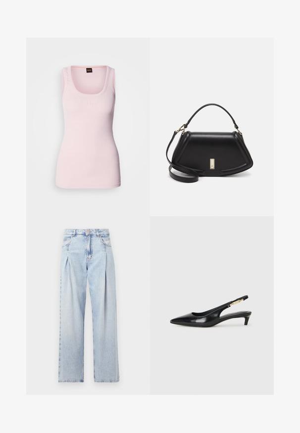 Svetloružový rebrovaný top bez rukávov s okrúhlym výstrihom, zdobený subtílnym logom na hrudi a širokými ramienkami. Hladká textúra.; Svetlomodré džínsy s vysokým pásom, širším strihom po celej dĺžke, dvoma bočnými vreckami a skladaným dizajnom. Mäkka textúra s vyblednutým vzhľadom.; Čierne kožené slingback opätky s špicatou špičkou, s úzkym opätkom a zlatým detailom na nastaviteľnom remienku. Hladká textúra.; Čierna kožená kabelka so štruktúrovaným dizajnom, s krátkym tvarom, hornou rúčkou a zlatými prvkami. Súčasťou je nastaviteľný ramenný popruh.