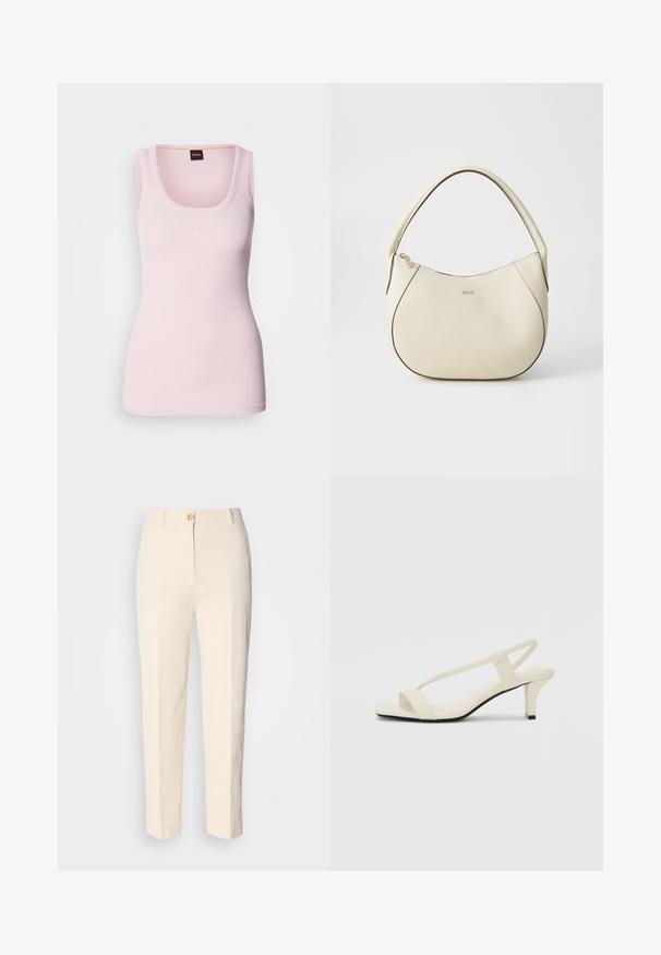 Lyserød ribbet tanktop med rund halsudskæring, der har et subtilt logo på brystet og brede skulderstropper. Glat tekstur.; Cremefarvede, højtaljede bukser lavet af tekstureret stof. Har en lukning med knap foran og tætsiddende ben.; Beige blokhælede sandaler med tynde remme og en firkantet tå. Glat materiale med minimal detaljering, designet til nem brug.; Cremefarvet håndtaske med tekstureret finish, buet form, kort håndtag og guldfarvet logo-detalje. Lynlås lukning øverst.