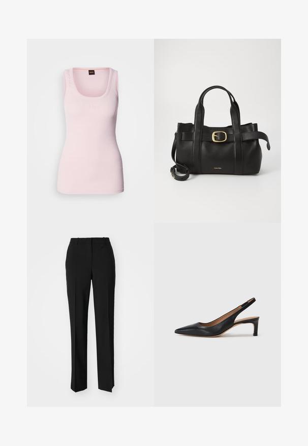 Canotta rosa chiaro a costine con scollo rotondo, dotata di un logo sottile sul petto e spalline larghe. Texture liscia.; Pantaloni neri su misura con un design a gamba dritta, caratterizzati da una texture liscia e pieghe ben definite sul davanti. Senza hardware visibile.; Pump slingback in pelle nera con punta appuntita, tacco basso e texture liscia. Presenta una sottile cinghia regolabile per una vestibilità sicura.; Borsa a mano in pelle nera con un design strutturato, doppie maniglie superiori, accentuazione in metallo dorato e logo del marchio in rilievo sul davanti.