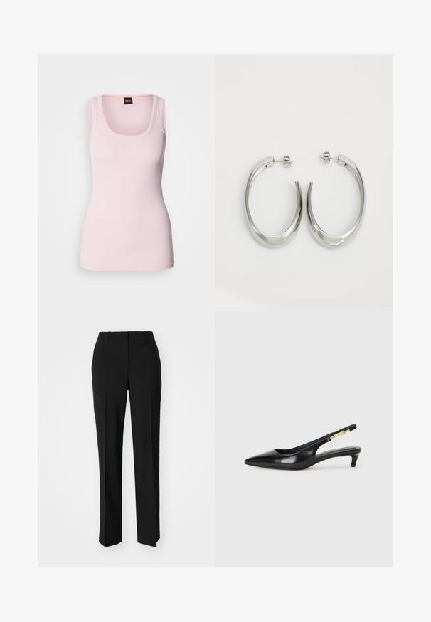 Svetlo roza rebrasta majica brez rokavov s krožnim izrezom, ki vključuje subtilen logotip na prsih in široke naramnice. Gladka tekstura.; Črne krojene hlače s direktnim krojem, ki se ponašajo z gladko teksturo in ostrimi pregibi spredaj. Ni vidne kovine.; Črne usnjene sandale na peto z ostro konico, ki imajo tanko peto in zlat ton na nastavljivem traku. Gladka tekstura.; Srebrni uhani v obliki obroča z gladkim, ukrivljenim oblikovanjem. Imajo sijajno kovinsko površino in zapiranje na žebljiček. Brez vidnih vzorcev ali dodatkov.
