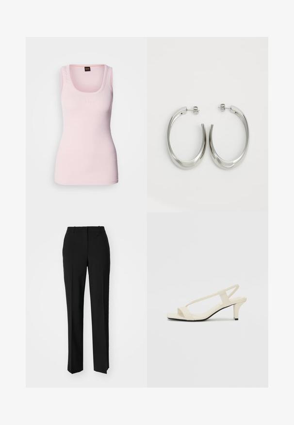 Lyserød ribbet tanktop med rund halsudskæring, der har et subtilt logo på brystet og brede skulderstropper. Glat tekstur.; Sorte skræddersyede bukser med lige ben-design, der har en glat tekstur og skarpe folder langs fronten. Ingen synlige hardware.; Beige blokhælede sandaler med tynde remme og en firkantet tå. Glat materiale med minimal detaljering, designet til nem brug.; Sølv hoops øreringe med et glat, buet design. Har en skinnende metallisk finish og studs-lukning. Ingen synlige mønstre eller accenter.