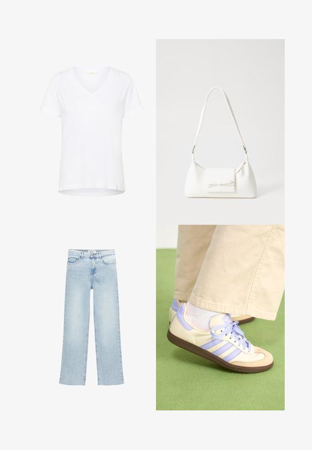 Hvid kortærmet t-shirt med V-hals, lavet af blødt stof, med en afslappet pasform og lige kant samt minimale syninger.; Lys blå wide-leg jeans lavet af denim med høj talje, fem lommer og knap-pant. Har minimal syning.; Creme og lavendel sneakers med tre striber og en tekstureret brun sål, der har snørebånd og en polstret hæl. Blødt stof øvre.; Hvid syntetisk håndtaske med en trekantet form, flad forsideklap og sløjfedetalje, justerbar strop, glat tekstur og minimalistisk design.