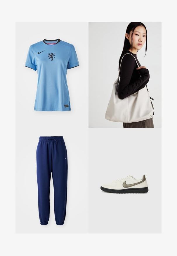 Light blue Nike football jersey with short sleeves, black collar, and lion emblem in the center. Features black accents on sleeves.; Navy blue sweatpants made of soft fabric, featuring an elastic waistband with drawstring, elastic cuffs, and a small white logo.; Nike Sportswear FIELD GENERAL - Trainers - off-white/black; Beige handbag made of soft material, featuring a slouchy design, stitched detailing, and two shoulder straps. Suitable for everyday use.