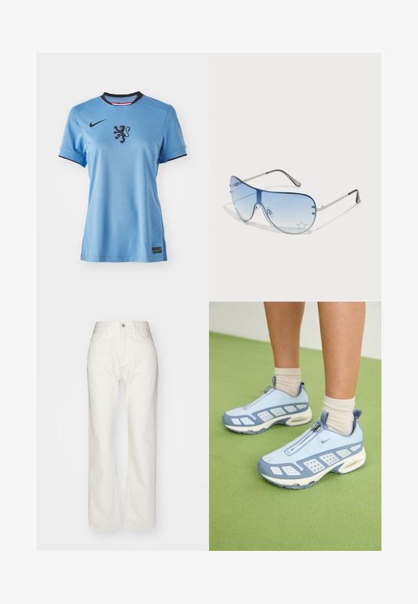 Gaiši zils Nike futbola krekls ar īsām piedurknēm, melnu apkakli un lauvas emblēmu centrā. Piedurknēm ir melnas akcenti.; Baltās denima bikses ar augstu vidukli un plašu piegriezumu. Iezīmējas ar pogu un rāvējslēdzēja aizdari, jostu cilpiņām un smalkiem šķiedru akcentiem.; Gaiši zili sporta apavi ar baltajiem akcentiem, teksturētām paneļiem un ar rāvējslēdzēja aizdari. Raksturīga redzama gaisa amortizācijas zole un gumijas zole.; Pilotstila saulesbrilles ar gradienta zilām lēcām, sudraba metāla rāmjiem un dekoratīvām zvaigžņu akcentiem uz lēcām. Gluda un eleganta dizaina.