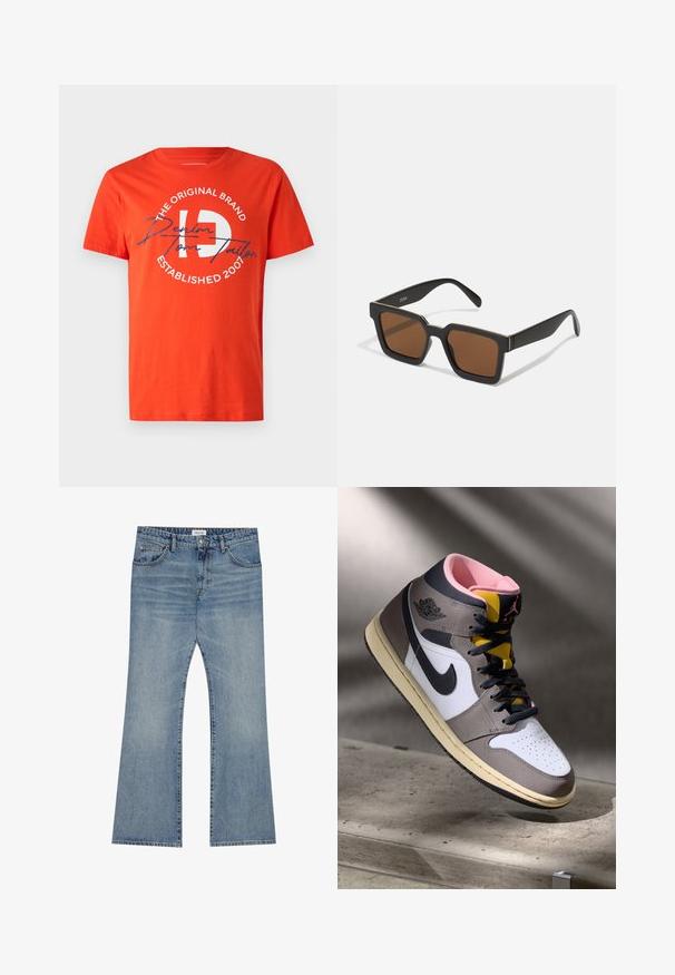 Rød bomulls T-skjorte med rund hals og korte ermer. Sentrert grafikk med hvit og blå tekst, inkludert "Denim Tom Tailor" og etableringsår.; Lys blå denimjeans med flagrende ben, med en klassisk fem-lomme stil og en knappelukking i midjen.; Høy topp Nike Air Jordan-sneaker i hvit, grå og svart med rosa indre og gul tunge, plassert på en betongoverflate.; Svarte firkantede solbriller med brune linser, med matt overflate og gulldetaljer på rammen. Designet er vinklet med brede stenger.; Casio rektangulær klokke med hvit skive, gull detaljer, romerske tall og brun krokodilleskinnsrem. Vanntett design.