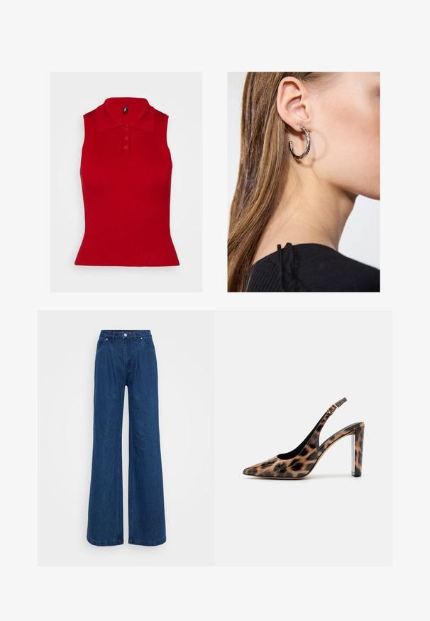 Punane ilma varrukateta polo-särk ribatud tekstuuriga ja kraega. Esiküljel on kolm nuppu ja särk on formihoidja, mis laieneb allservast.; Hallise jalgadega sinised denim püksid kõrge vöökohaga, ees nupuga ja tõmbluku sulguri ning ees ja taga taskutega, lihtsa tausta ees.; Leopardimustriga saadaval sanga pump kõrge kontsaga, millel on terav varvas ja läbipaistev plokktald. Valmistatud läikivast materjalist, millel on sile tekstuur.; Hõbedane rõngas kõrvarõngas poleeritud viimistlusega, millel on väikesed kuldsed aktsendid ja ümmargune kuju, kantud lobus.