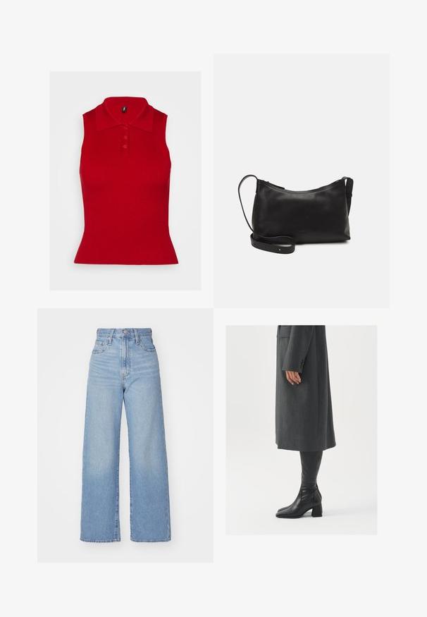 Piros ujjatlan póló, bordás textúrával és gallérral. Elöl három gomb található, és a fazon testhezálló, amely a szegélyen bővül.; Világoskék, magas derekú, bő szárú farmernadrág, elülső gombbal és cipzárral, elülső és hátsó zsebekkel, fehér háttérrel.; Szürke, szabott overál, egyenes vonallal; térd fölé érő fekete bőrcsizmákkal párosítva, négyzetes orral és vastag sarokkal.; Fekete bőr válltáska sima felülettel, ívelt formával, állítható pánttal és cipzáras záródással. Minimalista dizájn díszítmények nélkül.