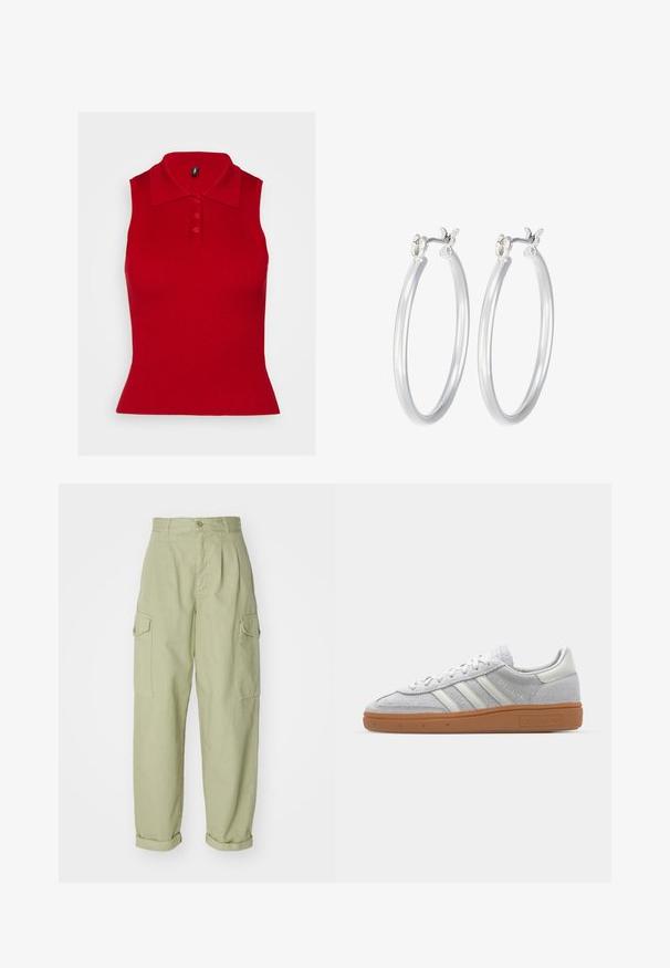 Punane ilma varrukateta polo-särk ribatud tekstuuriga ja kraega. Esiküljel on kolm nuppu ja särk on formihoidja, mis laieneb allservast.; Heledad rohelised cargo püksid, valmistatud puuvillakangast. Omavad kõrget talje, volditud pahkluup, ja kahte külgpoket lisafunktsionaalsuse jaoks.; Heledad hallhall kreemikas nähtav dress särk valgete nahka elementidega, kolm valget triipu ja pruun kummikreen, millel on mugavuse tagamiseks pehmendusega kaelus.; Hõbedased rõngaskõrvarõngad, millel on sile, läikiv viimistlus. Ümmargune kuju ja turvaline klõpsulatus. Kerge disain, sobib igapäevaseks kandmiseks.