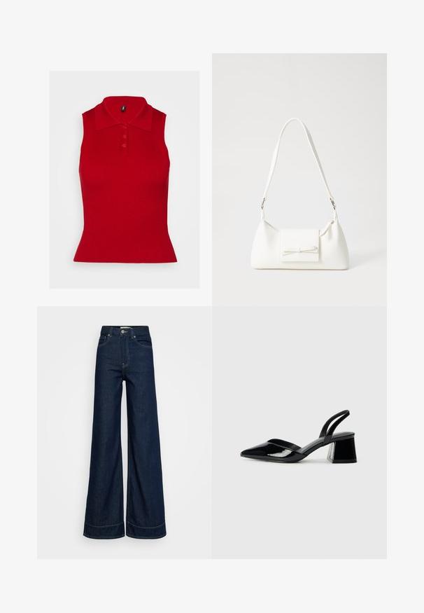 Κόκκινο αμάνικο πόλο μπλουζάκι με ριμπ ύφανση και γιακά. Διαθέτει τρία κουμπιά μπροστά και εφαρμοστή γραμμή που ανοίγει στο τελείωμα.; Σκούρες μπλε ψηλόμεσες φαρδιές τζίν με μπροστινές τσέπες, θηλιές ζώνης, κλείσιμο με κουμπί και ορατές ραφές σε λευκό φόντο.; Μαύρα πατεντέ δερμάτινα γοβάκια slingback με μυτερή μύτη και γεωμετρικό τακούνι. Έχουν κομψό, μινιμαλιστικό σχέδιο και λεία υφή.; Λευκή συνθετική τσάντα σε τριγωνικό σχήμα, με επίπεδη μπροστινή καπάκι και λεπτομέρεια φιόγκου, ρυθμιζόμενο λουράκι, απαλή υφή και μινιμαλιστικό σχέδιο.