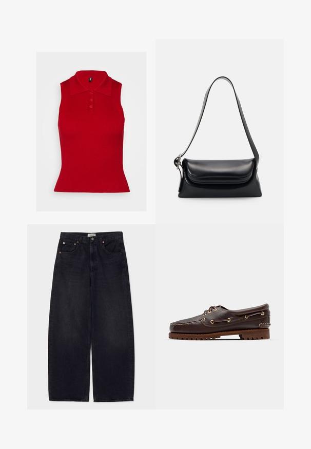 Punane ilma varrukateta polo-särk ribatud tekstuuriga ja kraega. Esiküljel on kolm nuppu ja särk on formihoidja, mis laieneb allservast.; Laiad mustad denimi teksad hõbedaste nuppudega, kahe esikoti ja sileda tekstuuriga. Puhtas disainis on sirge lõige.; Pruun nahkne paadisuss kuldsete silmadega, ümmarguste nööridega ja tekstuuriga pruuni kummitaldiga. Omab õmmeldud detaile ja väljaulatuvat logo.; Mustriga musta nahast käekott, millel on struktuurne kuju, sile tekstuur ja üks õlarihm. Omab peent, ümarat klappi.; Hõbedane Casio kvarts kell, millel on ristkülikuline nägu, analoog- ja digitablood, roostevabast terasest rihm ning veekindlad omadused.