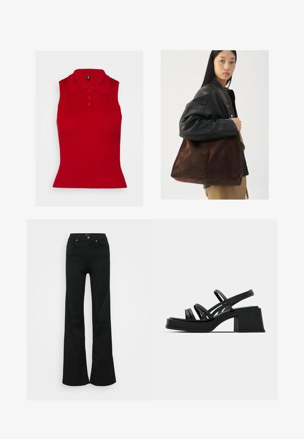 Červená bezrukávová polo košeľa s rebrovanou textúrou a golierom. Obsahuje tri gombíky vpredu a priliehavý strih, ktorý sa na spodnej časti rozširuje.; Čierne rozšírené džínsy vyrobené z denimu, s vysokým pásom, piatimi vreckami a kovovým zapínaním. Hladká textúra s minimálnym zdobením.; Čierne sandále na vysokom podpätku s viacerými tenkými popruhmi a širokým blokovým podpätkom. Elegantný dizajn s matným povrchom. Chodidlová časť má mierny ohyb.; Hnedá semišová taška cez rameno s širokým tvarom a mäkkou textúrou, s jedným popruhom a minimálnym kovovým doplnkom na neutrálnom pozadí.