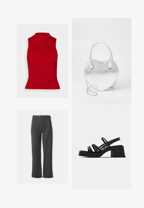 Raudonas be rankovių polo marškinėliai su tekstūruotu raštu ir apykakle. Priekyje yra trys mygtukai, o siluetas yra aptemptas, prie apačios šiek tiek platėjantis.; Tamsiai pilkos kelnės su tiesiomis kojomis, turinčios lygų tekstūrą, diržo kilpas ir priekinį atidarymą su kišenėmis.; Juodos aukštakulnės šlepetės su keliais plonais dirželiais ir plačiu blokiniu kulnu. Elegantiškas dizainas su matinės tekstūros paviršiumi. Pado forma šiek tiek išlenkta.; Sidabrinė metalinė širdies formos rankinė su dviem rankenomis, grandininiu diržu ir lygia textura. Yra metaliniai elementai ir siūti kraštai.