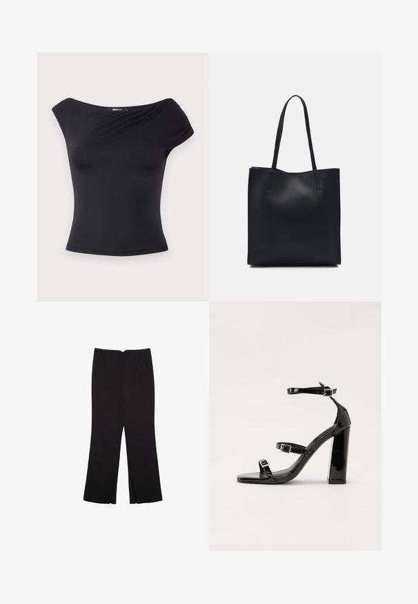 Črn off-shoulder top, izdelan iz raztegljive tkanine. Ima prilegajoč silhuet, mehak tekstur in eleganten padec spredaj.; Črne hlače ravnega kroja z naglavnimi žepi in stranskimi razporki na robu. Narejene iz mehke, gladke tkanine. Primerne za različne priložnosti.; Črne lakirane sandale s peto, kvadratnim prstom, trakovi okrog gležnja in srebrnimi zaponkami. Opremljene so s stabilno Debelo peto.; Črna usnjena torba s svilnato teksturo, pravokotne oblike in dvema dolgima ročajema. Brez vidnih metalnih delov ali okrasnih elementov.