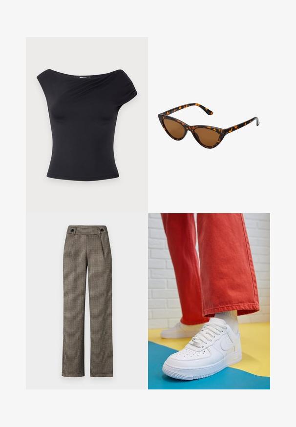 Crni top bez naramenica izrađen od rastezljivog materijala. Ima uski kroj, mekanu teksturu i elegantno drapiranje sprijeda.; Smeđe hlače s kariranim uzorkom i visokim strukom, s bočnim nabranim detaljima i crnim dugmadima. Izrađene od teksturirane tkanine.; Bijele kožne tenisice s perforiranim prednjim dijelom, teksturiranim đonom i bijelim vezicama, u kombinaciji s širokim crvenim hlačama i plavo-žutom pozadinom.; Sunglasses u obliku mačjih očiju s okvirom u crno-narančastom kornjačevom uzorku, smešnim lećama i elegatnim, šiljastim vrhovima. Sadrži minimalni logo na dršci.