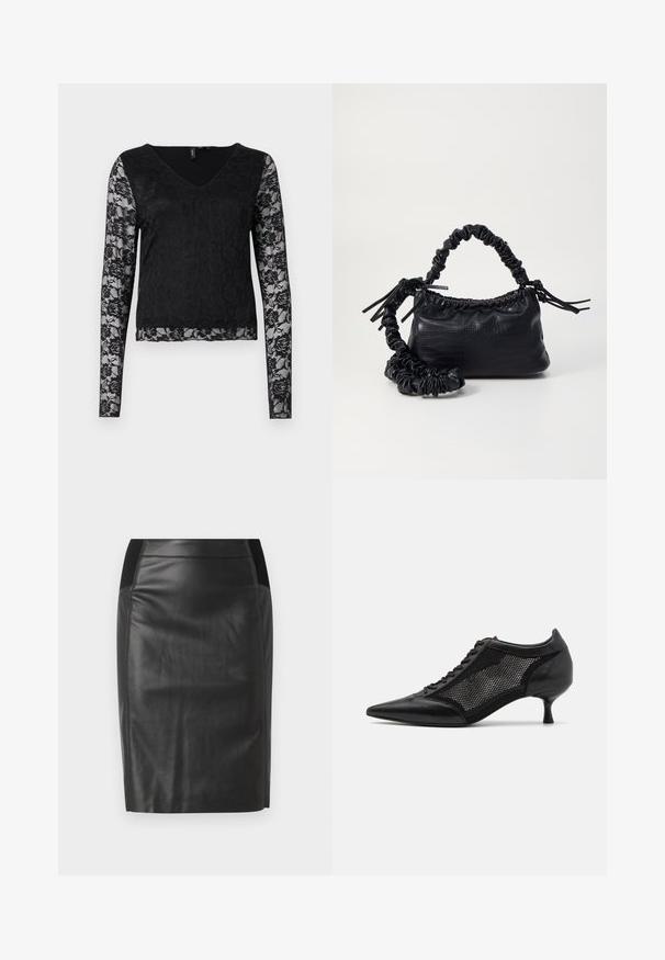 Top preto de mangas longas com decote em V, corpo liso na cor preta e mangas de renda semitransparente com padrões florais. Textura suave no geral.; Saia lápis de couro preto com um design justo, textura suave e detalhes em cintura elástica de ambos os lados. Barra reta na parte inferior.; Shoe preto de bico fino com um design de painel em malha, apresentando um salto baixo e amarração na parte da frente. Feito de uma combinação de couro e material de malha.; Bolsa de mão em couro sintético preto com textura de crocodilo, topo franzido e alça enrugada. Apresenta um design suave e compacto.