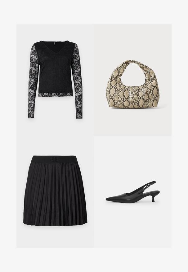 Fekete hosszú ujjú felső, V-nyakkal, egyszínű fekete testtel és virágmintás áttetsző csipkés ujjal. Az anyag sima tapintású.; Fekete, pliszírozott szoknya sima textúrával, egyszínű fekete derékrésszel és a fronthoz írt logóval.; Fekete bőr szandálcipő hegyes orral és karcsú, ívelt sarokkal. Diszkrét, állítható pánttal rendelkezik, fém csattal.; Kígyómintás kézitáska ívelt fogantyúval. Texturált, bézs és barna anyagból készült, jellegzetes gyémántmintával.