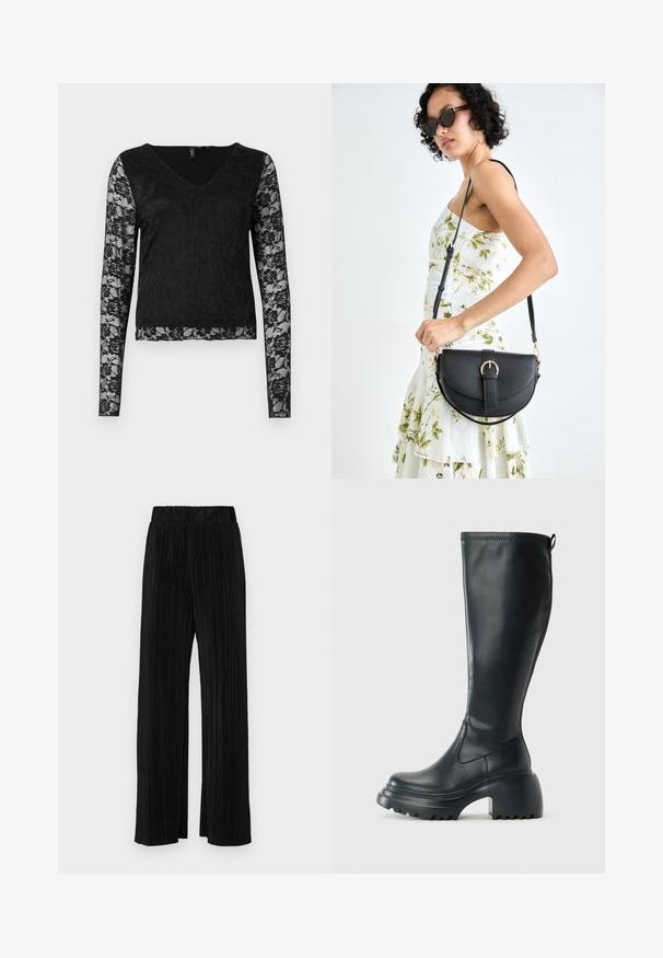 Mustassa pitkissä hihoissa olevassa paidassa on V-pääntie, täysin musta vartalo ja läpikuultavat pitsihihat, joissa on kukkakuvioita. Yleisesti sileä tekstuuri.; Mustat pleatatut housut, joissa on joustava vyötärö. Ominaisuuksiin kuuluvat leveät lahkeet ja sileä, teksturoitu kangas, jossa on pystysuoria raitoja.; Korkeat mustat nahkakengät, joissa on paksu pohja ja lohkare korko, varustettuna vetonauhalla ja tekstuurilla ulkopohjassa.; Musta nahkainen käsilaukku, joka on kaareva muotoilultaan, irrotettavalla hihnalla ja kultaisilla yksityiskohdilla. Laukussa on läppä, jossa on solk yksityiskohta.