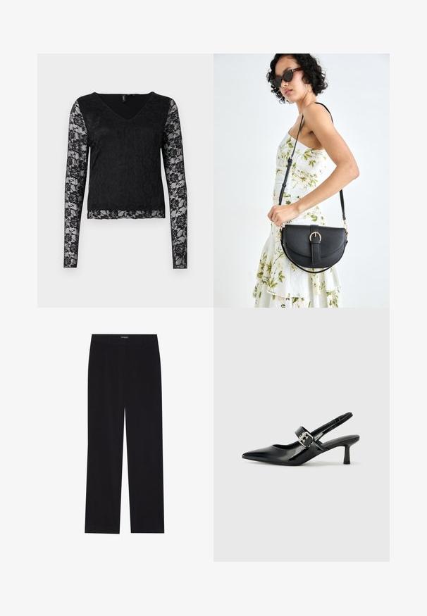 Top preto de mangas longas com decote em V, corpo liso na cor preta e mangas de renda semitransparente com padrões florais. Textura suave no geral.; Calças de veludo cotelê pretas com corte reto, apresentando uma cintura lisa e sem bolsos visíveis, textura suave e detalhe de riscas verticais.; Saltos slingback em verniz preto com bico pontiagudo e um pequeno salto bloco, apresentando um detalhe de fivela prateada na tira.; Bolsa de couro preta com forma curva, alça destacável e detalhes em dourado. A bolsa possui uma aba com detalhe de fivela.