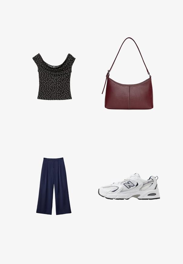 Crna majica kratkih rukava s drapiranim dekolteom, s bijelim točkicama. Izrađena od glatkog materijala s uskim krojem.; Tamnoplave široke hlače s plitkim naborima, s gumbom u struku i petljama za remen, prikazane ravno na bijeloj pozadini.; Bijela atletska cipela s mrežastim gornjim dijelom, mornarskim akcentima i podstavljenim potplatom. Sadrži "N" logo, vezice i teksturirani detalj sa strane.; Bordo kožna torba s zakrivljenim oblikom, jednim remenom za rame i šivenim detaljima na sredini. Glatka tekstura, minimalni dodaci.
