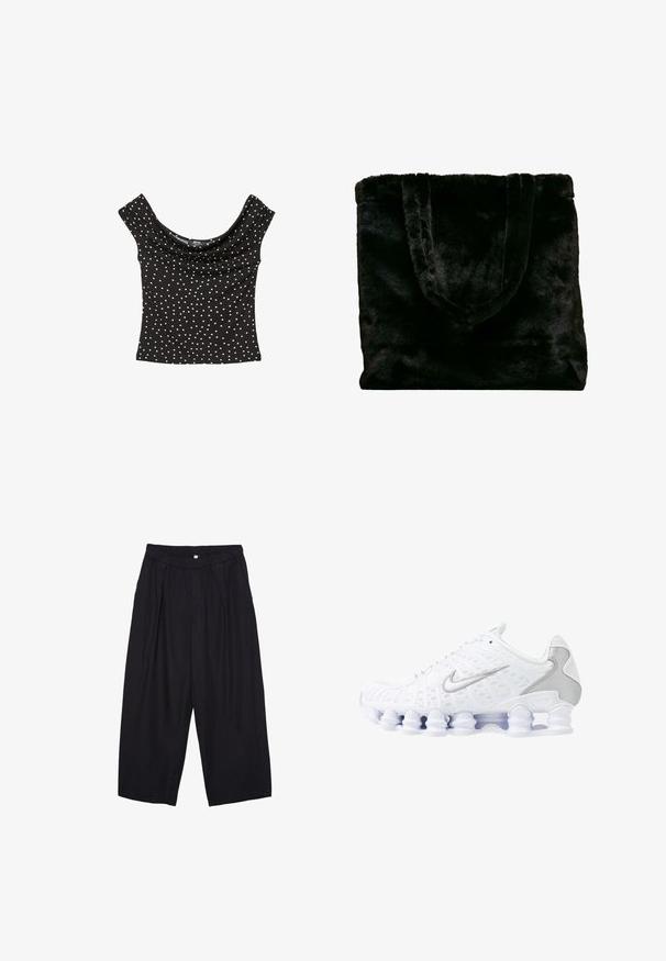 Czarny top z krótkim rękawem i drapowanym dekoltem, w białe kropki. Wykonany z gładkiego materiału, w dopasowanym kroju.; Czarne spodnie culotte z poliestru z elastycznym pasem, dwoma fałdami z przodu i luźnym krojem. Brak widocznych wzorów lub elementów metalowych.; Białe buty sportowe z siateczkową cholewką, srebrnymi akcentami i unikalnym designem podeszwy w postaci cewki. Posiadają wyściełany kołnierz oraz zapięcie na sznurowadła dla lepszego dopasowania.; Czarna torba tote z sztucznego futra o miękkiej teksturze. Posiada dwa mocne uchwyty i otwarty design, odpowiednia do różnych zastosowań.