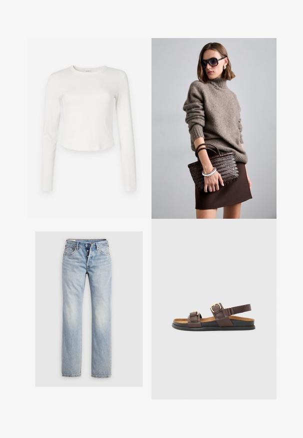 Fehér, hosszú ujjú bordázott felső kerek nyakkivágással és cropped szabással. Puha tapintású, minimalista dizájn, oldalt egy kis logóval.; Világoskék farmernadrág, egyenes szárú kivitelben, öt gombos cipzárral és diszkrét varrású hátsó zsebekkel.; Barna bőr szandál, amely két állítható pánttal és fémcsatokal rendelkezik, párnázott talpra és rugalmas fekete gumi talpra építve.; DRAGON DIFFUSION MINI FLAT GORA - Kézitáska - dark brown