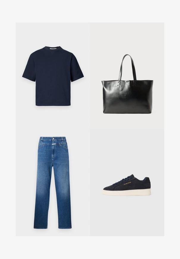 Námorně modré tričko s krátkým rukávem a výstřihem do V, vyrobené z měkkého materiálu, s uvolněným střihem a minimalistickým designem, bez viditelných vzorů nebo kovových prvků.; Modré džínové kalhoty s rovnými nohavicemi, vybavené zapínáním na knoflík, poutky na opasek a jemným vyšisováním na stehnech.; Námornická modrá semišová nízká obuv s bílou podrážkou, námořnickými tkaničkami a zlatým logem "Filling Pieces" na boku.; Černá hladká kožená taška přes rameno s dvěma ramenními popruhy, obdélníkového tvaru a jemným prošíváním na bílém pozadí.