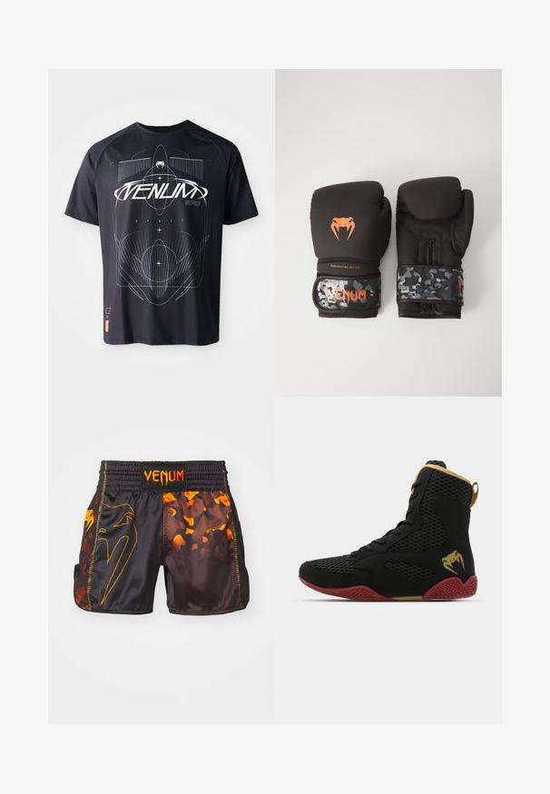 Black short-sleeve T-shirt featuring geometric white graphic design, including lines and text, with a tag at the bottom left side.; Black and orange Venum shorts featuring a glossy finish, contrasting camo patterns, and an elastic waistband with logo detail.; High-top athletic shoe with black mesh and synthetic material, textured accents, red rubber sole, and gold detailing on the ankle.; Black boxing gloves with a matte finish and ergonomic design. Orange logo detailing and camouflage-patterned wrist straps.